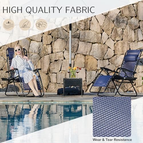 Sweetcrispy Zero Gravity Chairs Set of 2, Outdoor Folding Reclining Lounge Chair with Cup Holder Tray & Adjustable Pillow, Portable Camping Beach Patio Poolside Lawn Yard Chair, Classic Blue