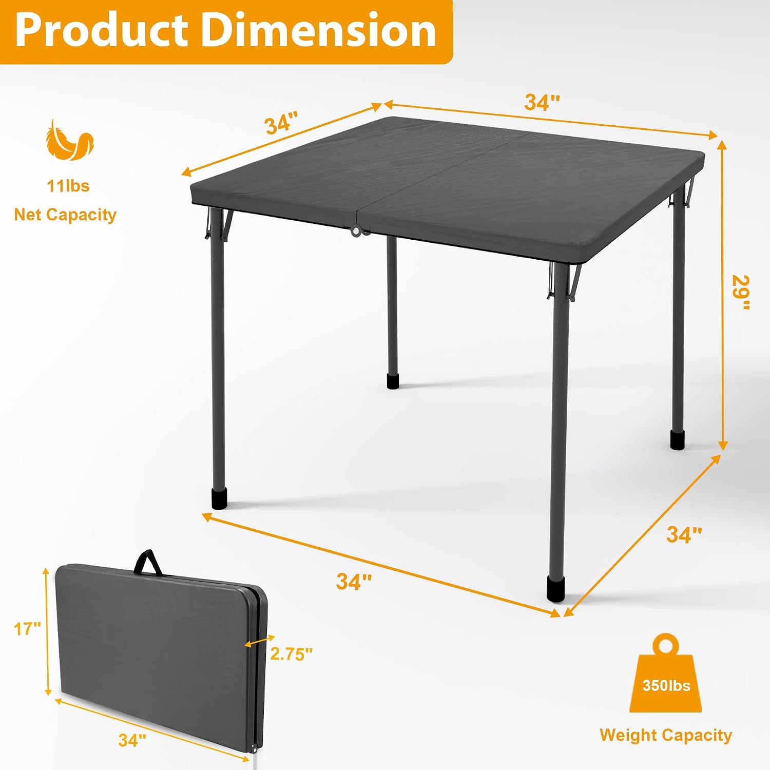 Kasunpul 34" Folding Table, Portable Square Folding Card Table with Collapsible Legs & Carrying Handle, Plastic Tables for Camping,Picnic, Office, Party, Grey