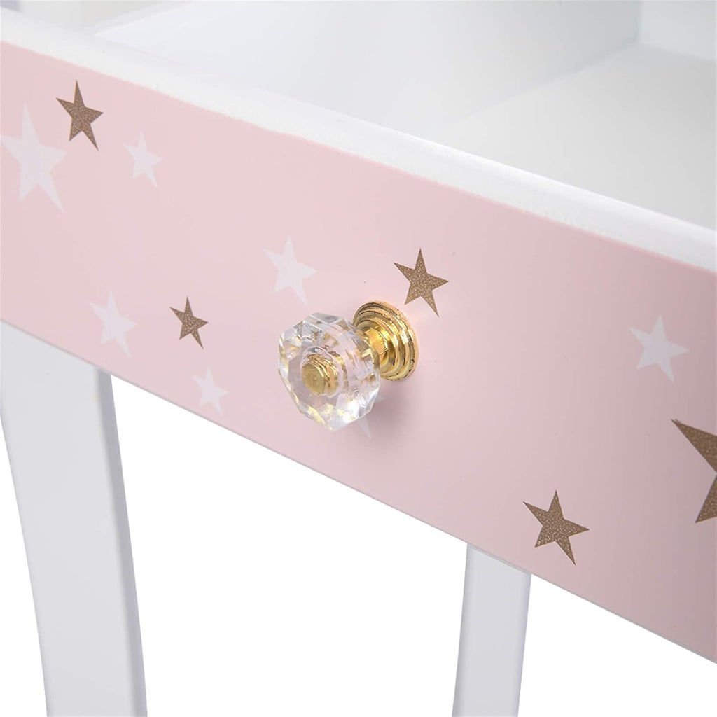 NC Pink Kids Vanity Set Wood Makeup Table and Chair Set for Little Girls Princess Child Vanity Desk Tri-Fold Mirror Dressing Table with Drawer (Pink Star Style)
