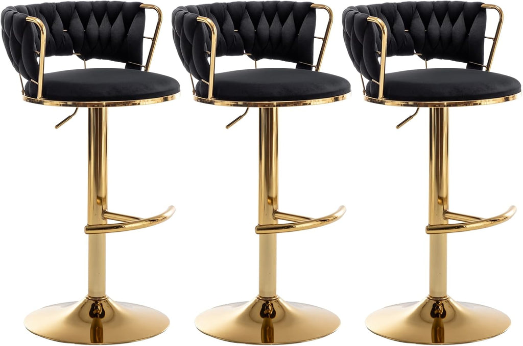 Riknuxi Velvet Bar Stools Set of 3, Counter Height Barstools with Low Back, Gold Swivel Bar Stool for Kitchen Island, Pub (Black)
