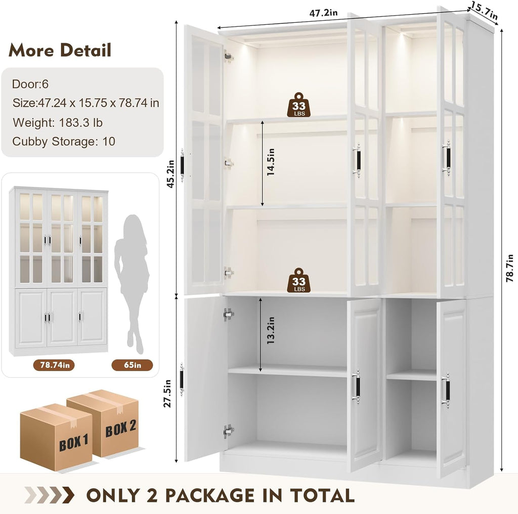 MEISSALIVVE 78.7" Kitchen Pantry Storage Cabinet with LED Lights, Tall Pantry Cabinet with Glass Doors, Kitchen Hutch Utility Pantry, White (47.2" W x 15.7" D)