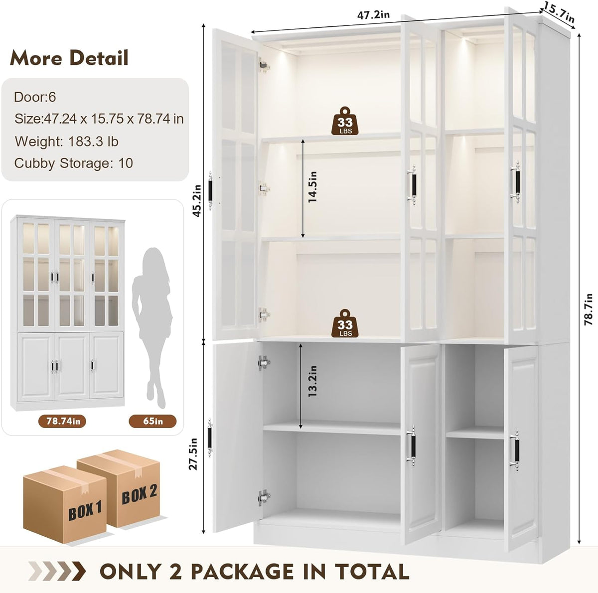 MEISSALIVVE 78.7" Kitchen Pantry Storage Cabinet with LED Lights, Tall Pantry Cabinet with Glass Doors, Kitchen Hutch Utility Pantry, White (47.2" W x 15.7" D)