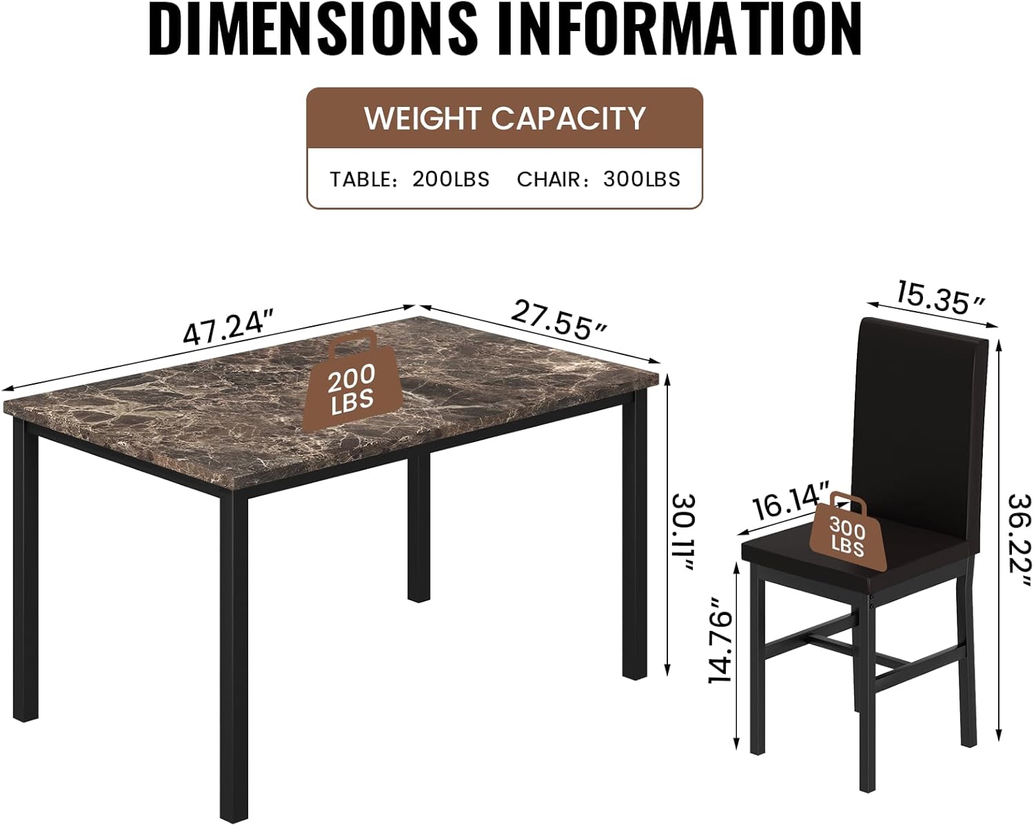 Recaceik 5-Piece Dining Table Set for 4, Faux Marble Kitchen Table Chairs Set of 4, Kitchen Table Set with 4 Upholstered PU Leather Chairs for Dining Room, Living Room, Apartment, Small Spaces, Brown
