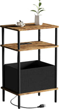 End Table with Charging Station & Outlet, Small Narrow Side Table for Bedroom, 25" H Bedside Table with USB Ports, 3-Tier Slim Nightstand, Rustic Brown