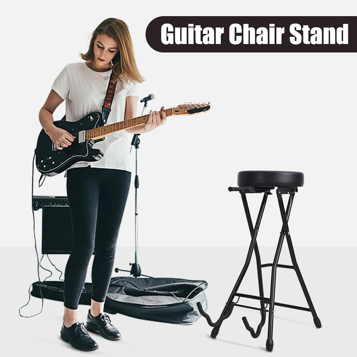 Guitar Stool, Foldable Padded Seat with Built-in Stand & Footrest, Retractable Hook Non-Slip Feet for Acoustic Electric Bass Home Studio Practice (Black-B)