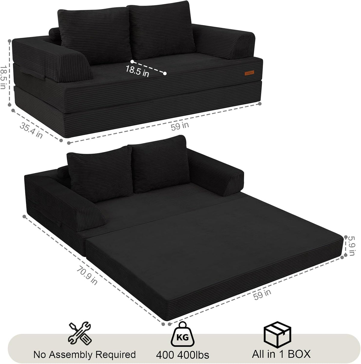 COMAX Futon Sofa Bed, Convertible Sofa Bed, Folding Couches | Low-Profile Couch for Living Room, 11.8" H Low Seat Small 59" Foldable Floor Sleeper Lounge Space‑Saving