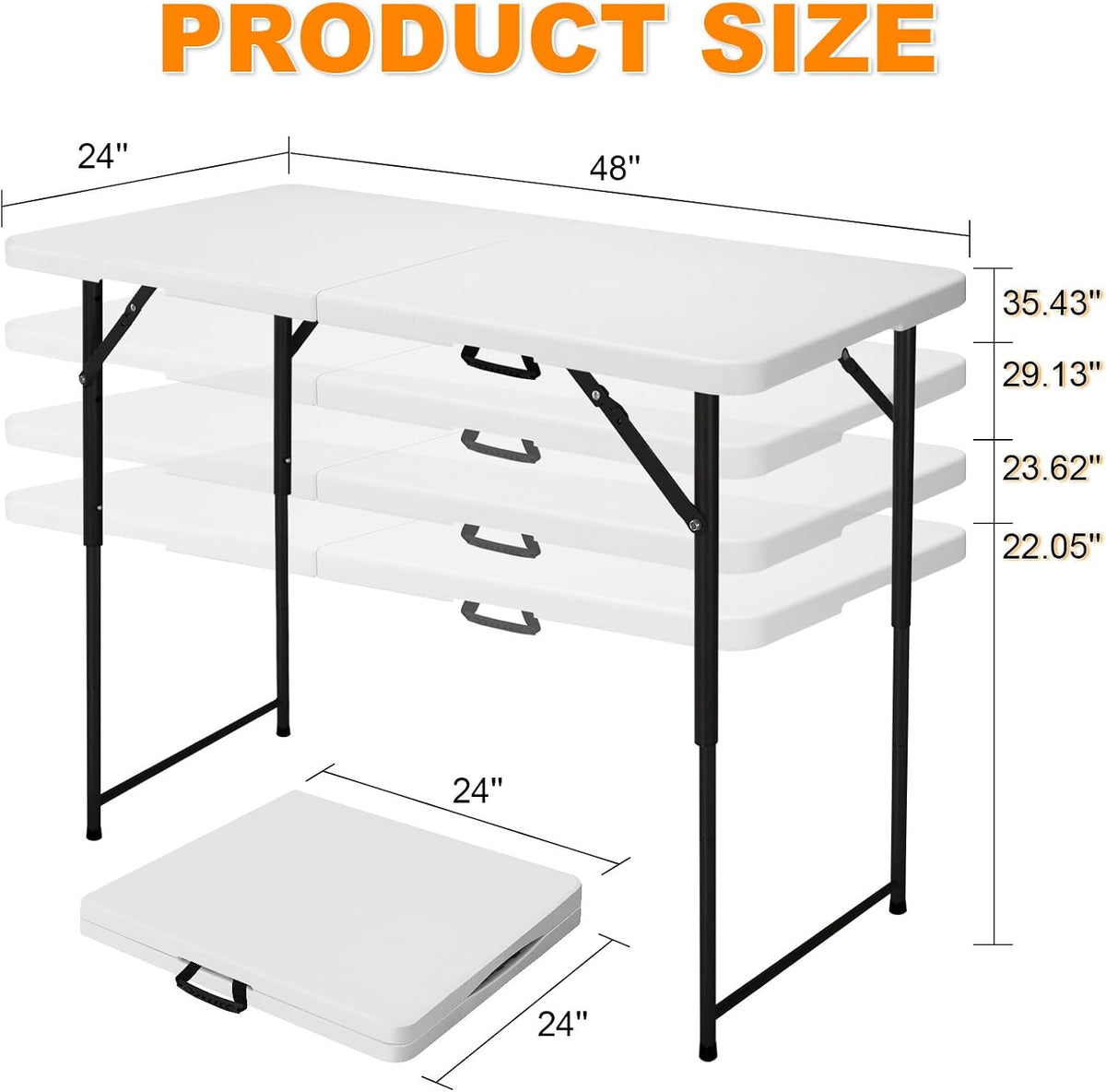 4ft Folding Table, Portable Fold-in-Half Adjustable Height Utility Table for Indoor/Outdoor Use, Durable HDPE & Steel, Stable & Lightweight, Multi-Purpose, White