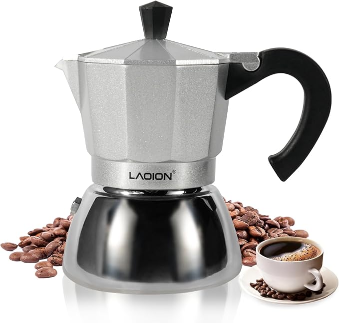 Stovetop Espresso Maker, 3Cup Moka Pot, Espresso Machine Compatible with Induction Cooktops, 150ml Stainless Steel & Aluminum Cuban Coffee Maker for Cafetera Cubana, Silver