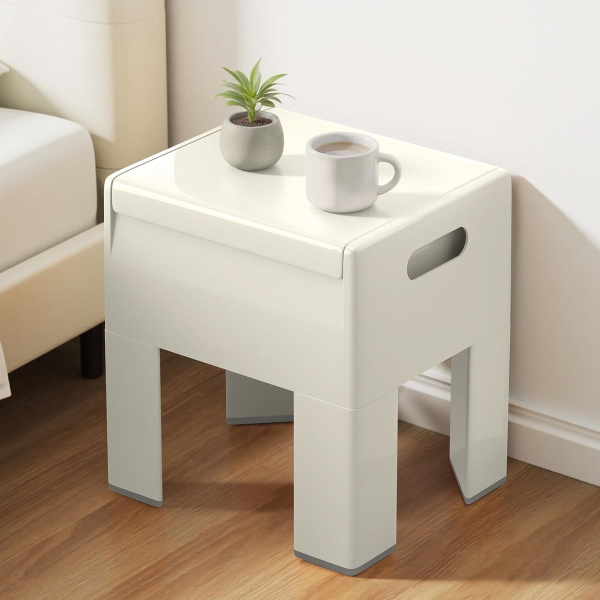 Modern Nightstand - Multifunctional Plastic Bedside Table with Storage Space, Side Table Easy Assembly for Bedroom, Dorm and Small Areas (14.2" D x 11.8" W x 15.78" H, Beige White)