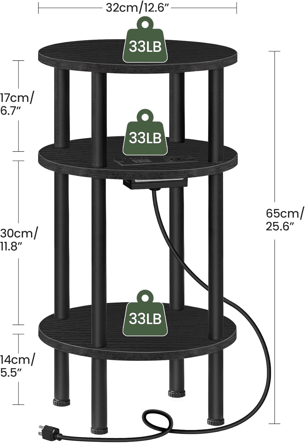 CHOEZON Small Round Side Table with Charging Station, 3-Tier Round End Table for Small Spaces, Nightstand for Living Room, Bedroom, Black TBZ06UBB