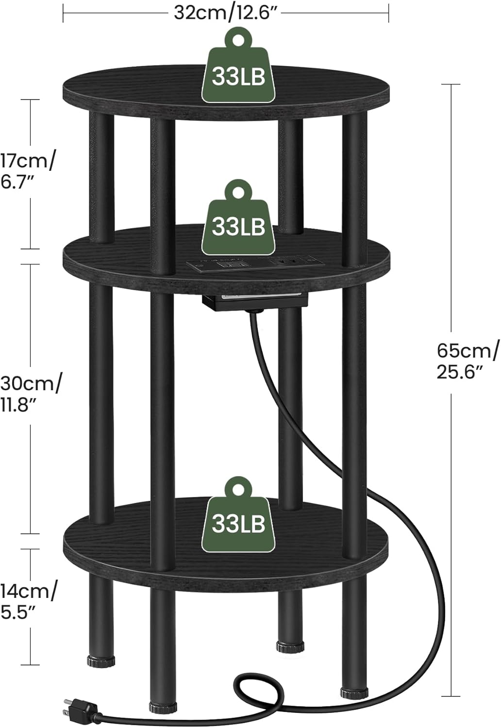 CHOEZON Small Round Side Table with Charging Station, 3-Tier Round End Table for Small Spaces, Nightstand for Living Room, Bedroom, Black TBZ06UBB