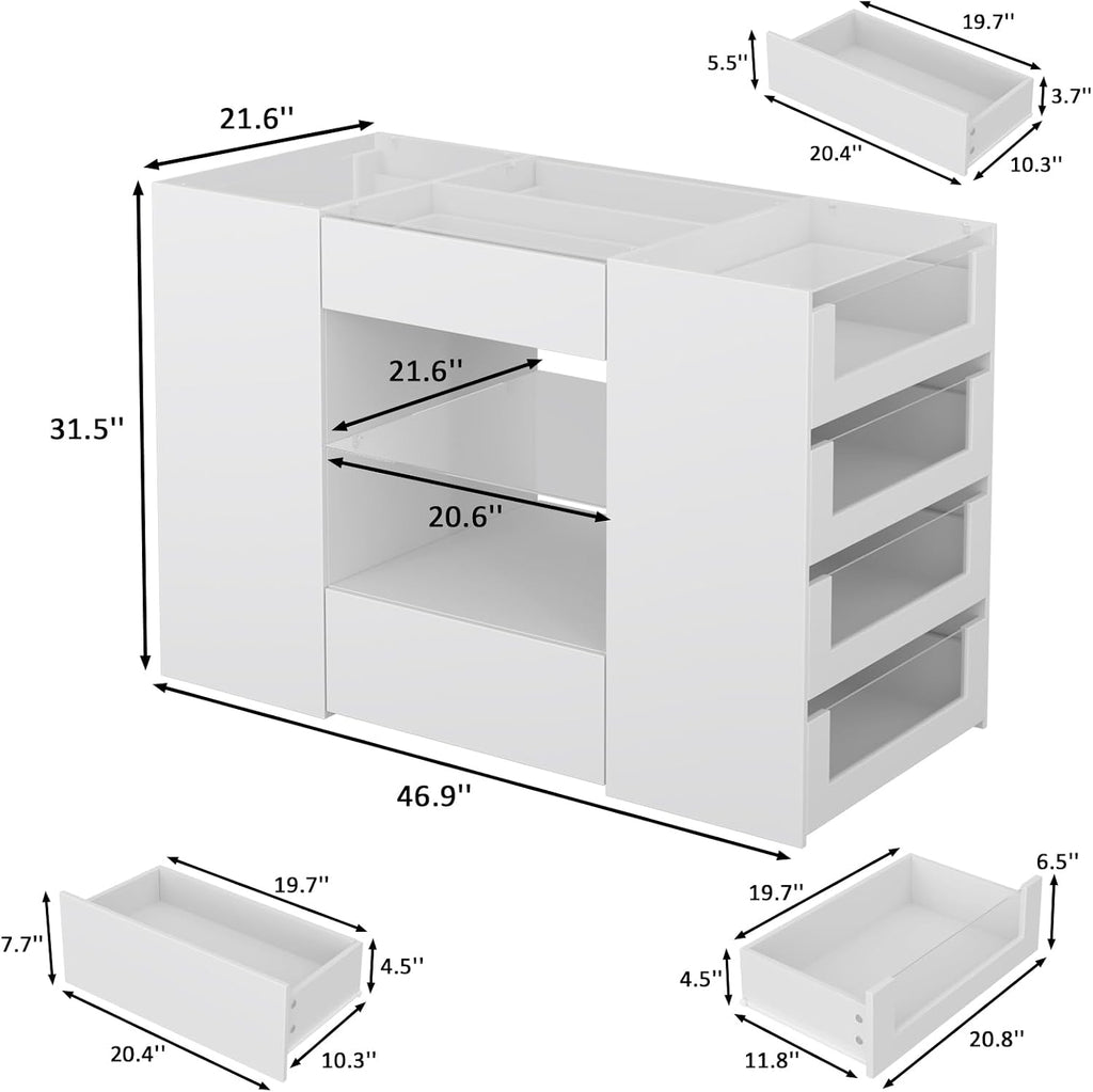 LIVAUVEAD Closet Island with 12 Drawers, Glass Top & Display Shelves, White | Wardrobe Armoire Bedroom Island, White Dresser with Glass Display Shelf, Walk-in Closet Island for Bedroom, Cloakroom
