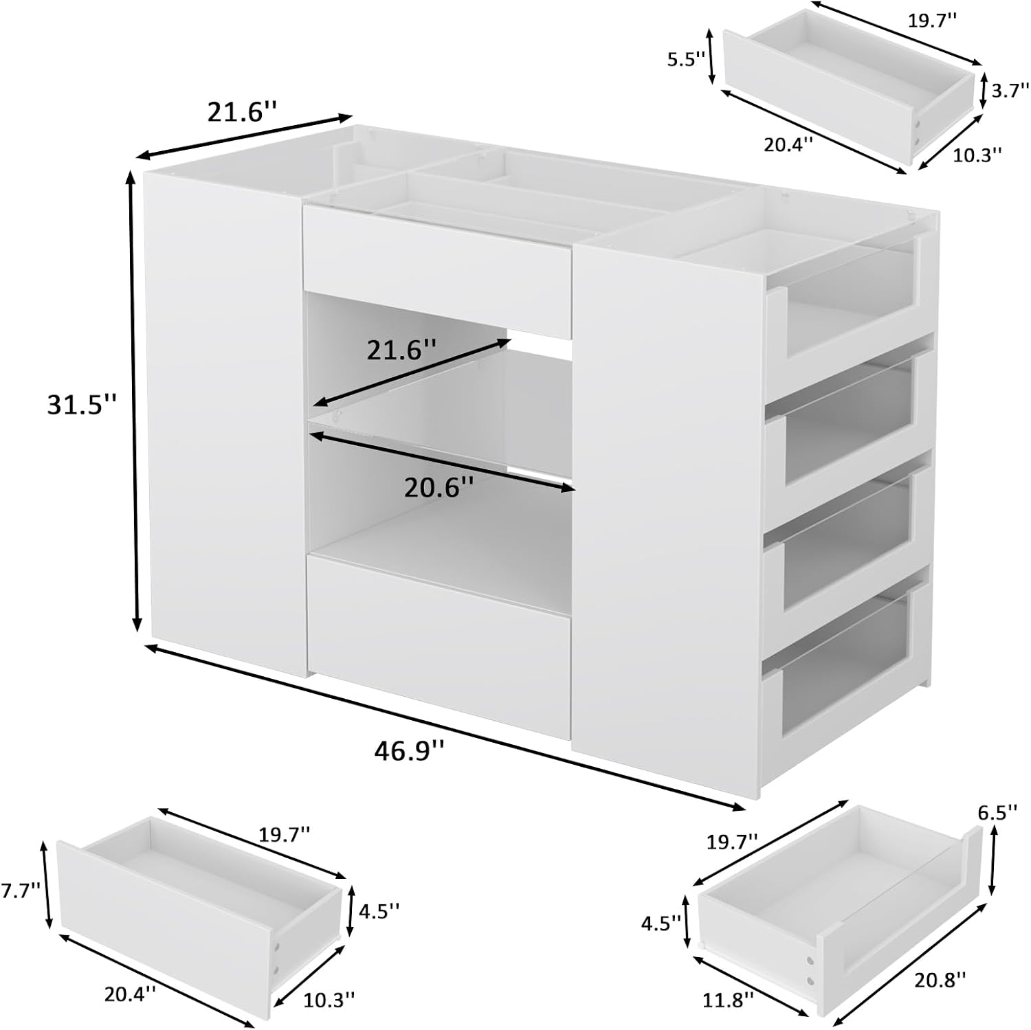 LIVAUVEAD Closet Island with 12 Drawers, Glass Top & Display Shelves, White | Wardrobe Armoire Bedroom Island, White Dresser with Glass Display Shelf, Walk-in Closet Island for Bedroom, Cloakroom