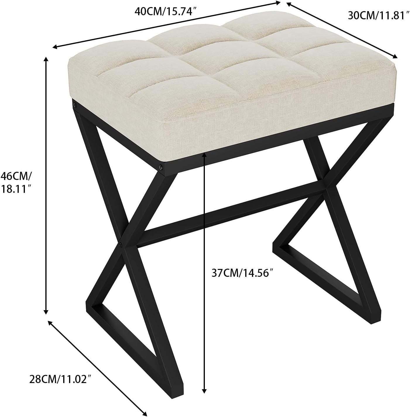 YMYNY Vanity Stool, Linen Footrest Stool, Ottoman Bench with X-Shaped Metal Legs, Makeup Dressing Stool for Vanity, Living Room, Bedroom, Entryway, Hallways 15.74" D×11.81" W×18.11" H Beige UHBD033Y