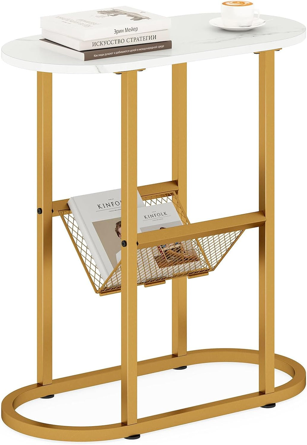 Giantex Oval Narrow Side Table, Small End Table with Magazine Rack Sling Holder Pouch, Modern Slim Nightstand, Bedside Tables for Living Room Bedroom Couch Small Spaces, White & Gold