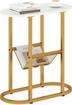 Giantex Oval Narrow Side Table, Small End Table with Magazine Rack Sling Holder Pouch, Modern Slim Nightstand, Bedside Tables for Living Room Bedroom Couch Small Spaces, White & Gold