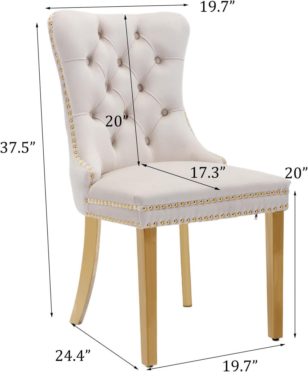 Velvet Dining Chair Set of 2,Upholstered Tufted Dining Room Chair with Nailhead Trim and Stainless Steel Gold Leg for Kitchen,Beige