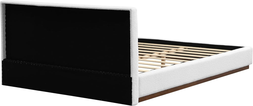 Christopher Knight Home Bettine Modern Boucle Queen Size Bed Frame with Headboard, Solid Wood Queen Bed Frame, Slat Panel Support Platform Bed, No Spring Box Needed, Heavy Duty, White+Brown