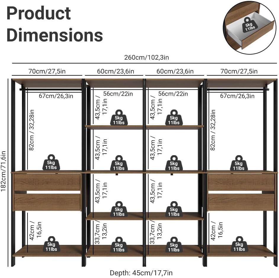 Madesa Kitchen Pantry Storage Rack with 4 Drawers, Open Shelves and Hanging Spaces 102" L Multiuse Modular Cabinet for Kitchen Organization - Black/Brown
