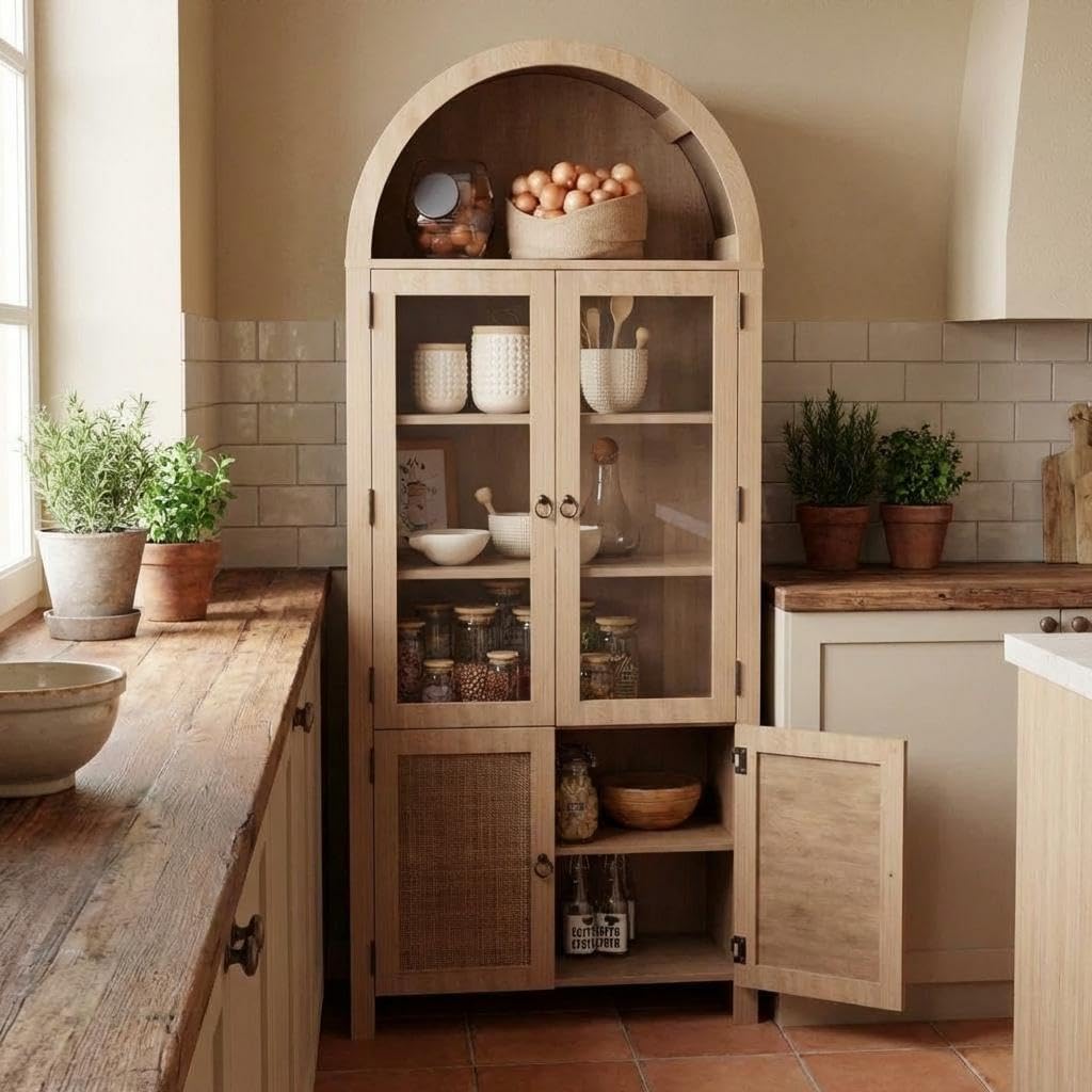 Patikuin Tall Arched Cabinet, Arched Pantry Cabinet with 4 Doors & 6 Open Shelves, 71 Inch Farmhouse Kitchen Arched Cabinet for Living Room, Dining Room, Kitchen Bathroom