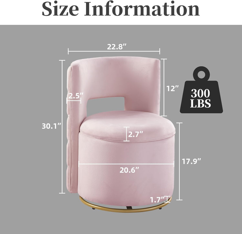 Swivel Chair with Storage for Living Room, Round Velvet Vanity Chair with Tufted Button Back, Pillow Included (Pink)