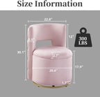 Swivel Chair with Storage for Living Room, Round Velvet Vanity Chair with Tufted Button Back, Pillow Included (Pink)