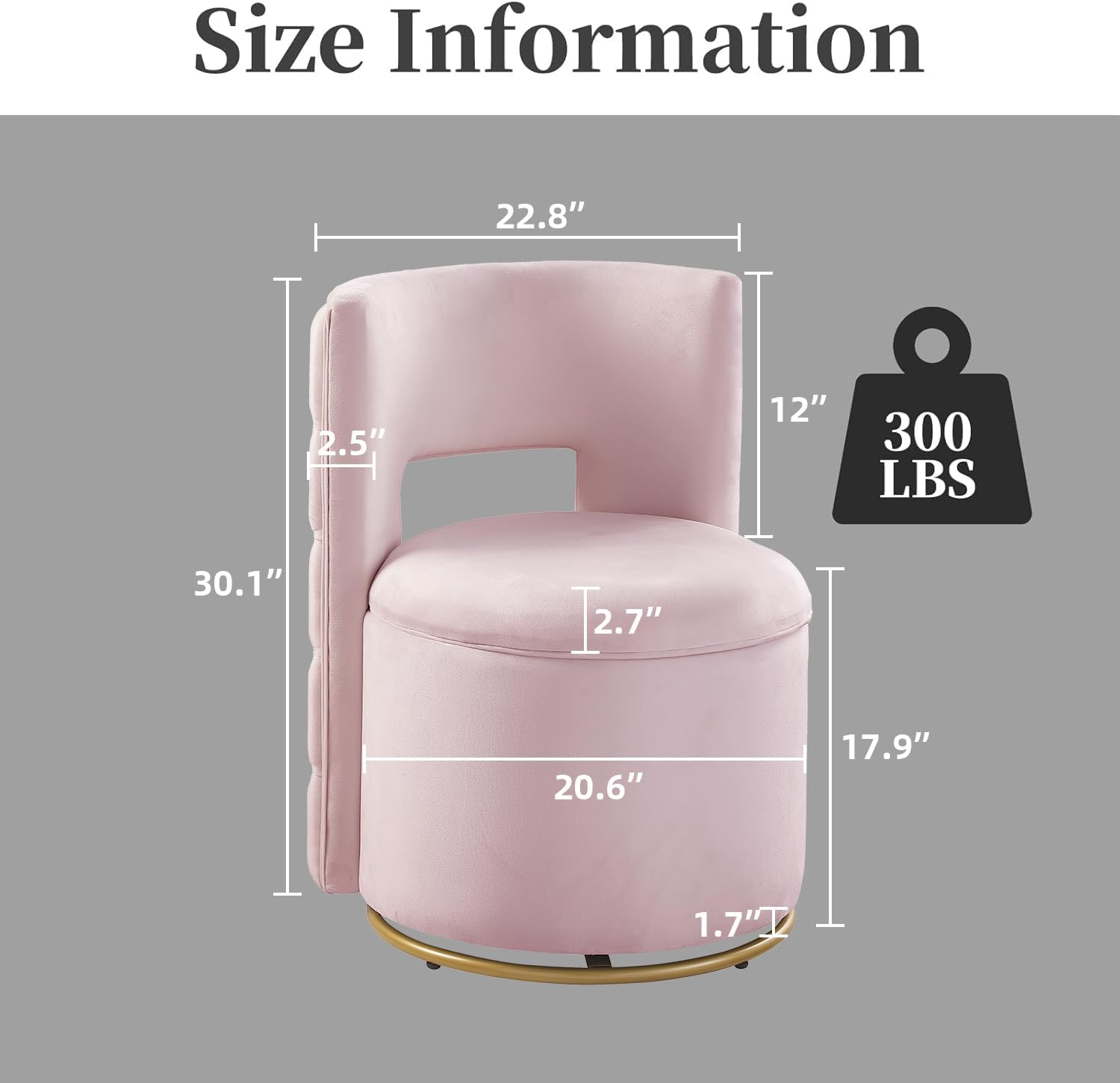 Swivel Chair with Storage for Living Room, Round Velvet Vanity Chair with Tufted Button Back, Pillow Included (Pink)