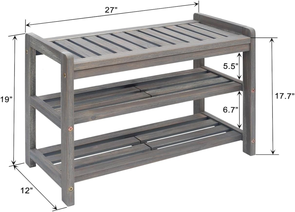 27-Inch Wooden Shoe Bench for Entryway, 3-Tier Storage Organizer, Rustic Shoe Rack Bench for Narrow Spaces, Brush Grey