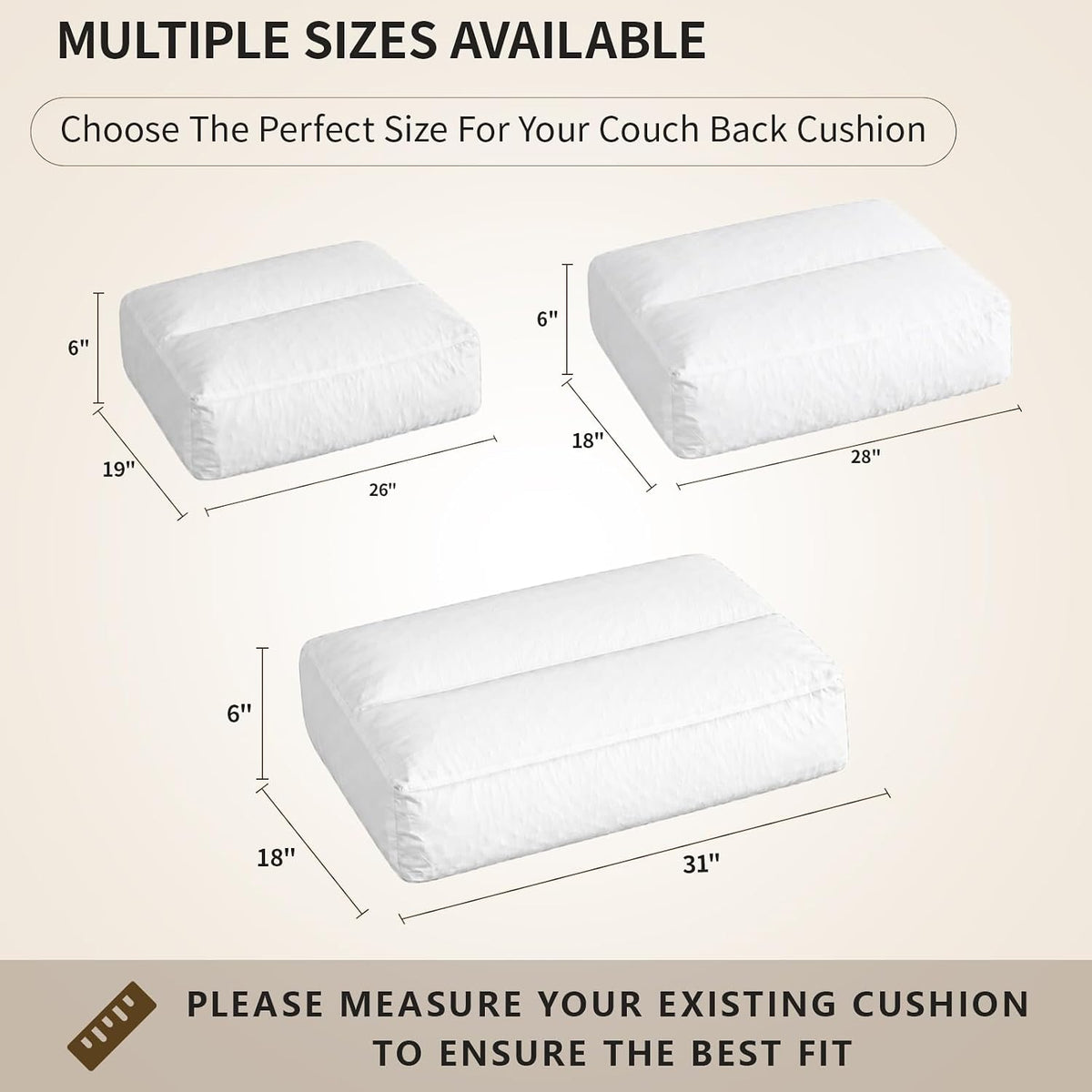 1 Pack Couch Back Cushion Replacement, 26 x 19 x 6 Inch | Odorless Resilient Foam Fill, Quick Rebound & Resists Clumping, Supportive Sofa Backrest Insert for Loveseats & Sectionals