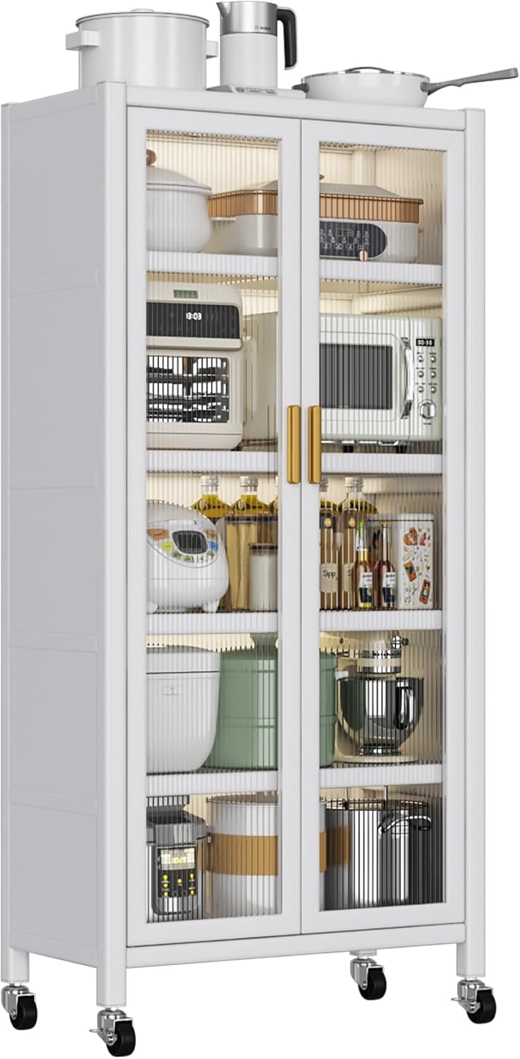 White Metal 5-Tier Kitchen Pantry Cabinet with Acrylic Glass Doors & Wheels, Tall Storage Cabinet for Kitchen, Dining Room, Living Room, Office, Study