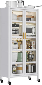 White Metal 5-Tier Kitchen Pantry Cabinet with Acrylic Glass Doors & Wheels, Tall Storage Cabinet for Kitchen, Dining Room, Living Room, Office, Study