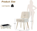 Vanity Chair with Storage | Comfy Ottoman with Folding Back | Faux Fur Vanity Stool with 4 Metal Legs for Make Up | Furry Padded Seat with Anti-Slip Feet for Bedroom Dressing Room | White