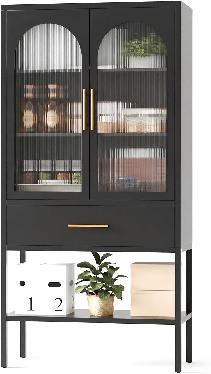 63" Tall Metal Storage Cabinet with Glass Doors, Kitchen Pantry Cabinet with Drawers & Adjustable Shelves, Freestanding Metal Cabinet for Kitchen, Dining Room and Home Organization Black