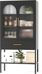 63" Tall Metal Storage Cabinet with Glass Doors, Kitchen Pantry Cabinet with Drawers & Adjustable Shelves, Freestanding Metal Cabinet for Kitchen, Dining Room and Home Organization Black