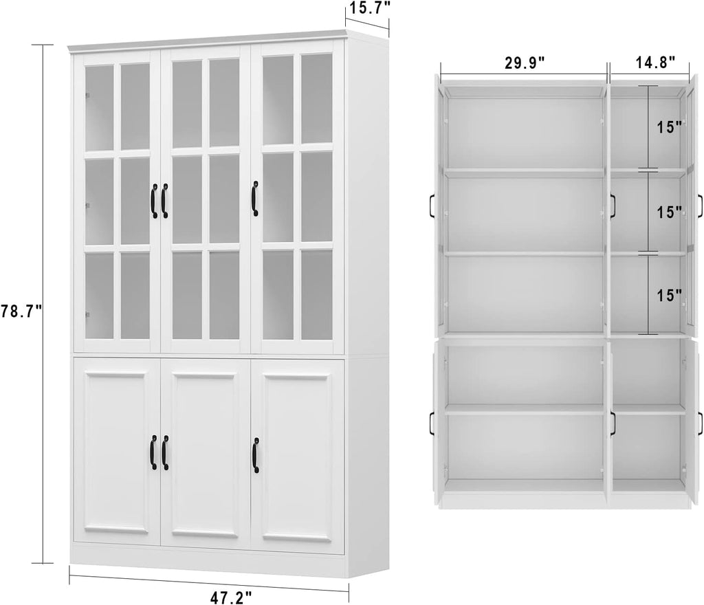 AIEGLE Freestanding Cabinet with 3 Glass Doors, Tall Storage with 5-Tier Shelves for Dining Room or Living Room, White