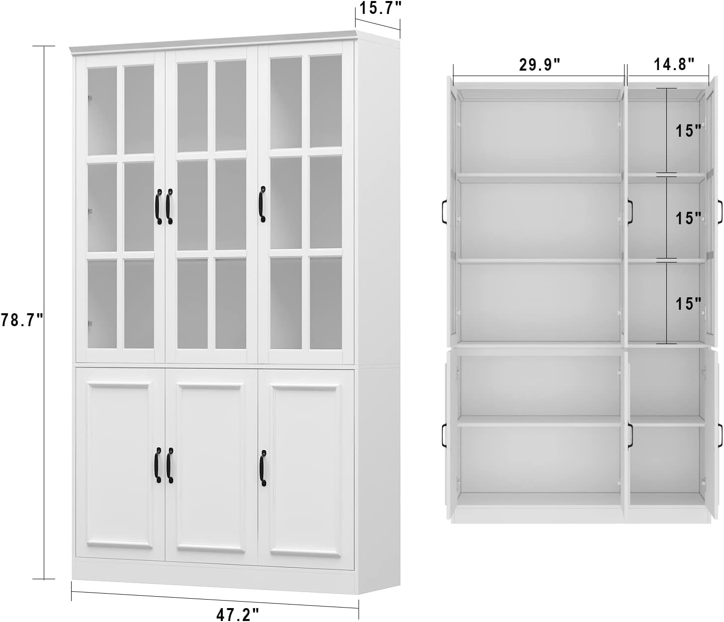 AIEGLE Freestanding Cabinet with 3 Glass Doors, Tall Storage with 5-Tier Shelves for Dining Room or Living Room, White