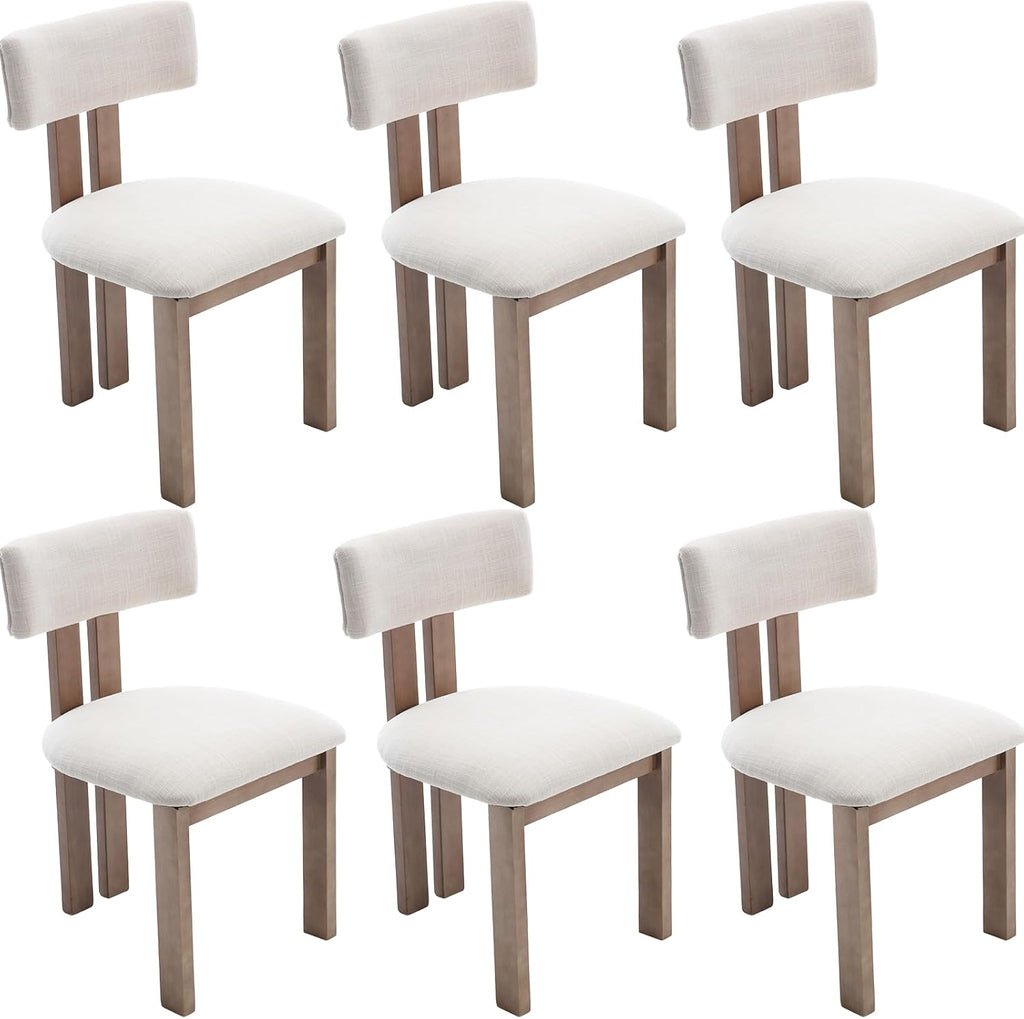 Kmax Farmhouse Dining Chair Set of 6, Linen Fabric Dining Room Chair Curved Backrest Armless Kitchen Chairs with Walnut Wood Legs for Family Diner, Beige