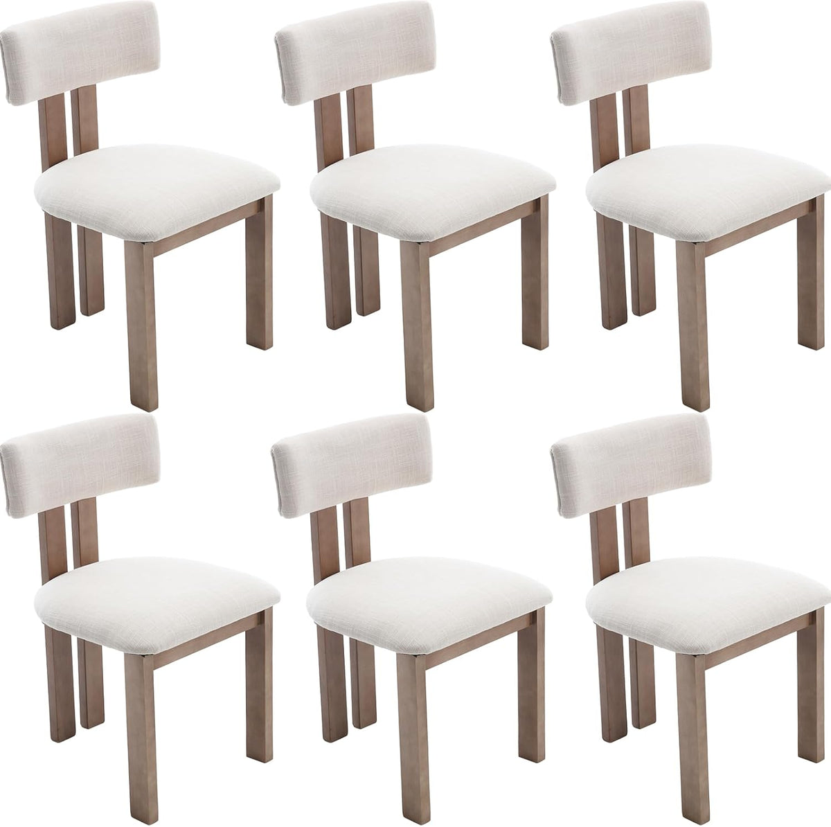 Kmax Farmhouse Dining Chair Set of 6, Linen Fabric Dining Room Chair Curved Backrest Armless Kitchen Chairs with Walnut Wood Legs for Family Diner, Beige
