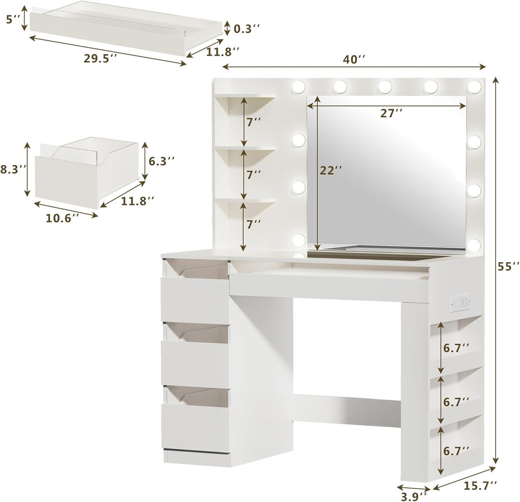 HUAHUU Vanity Desk with Lighted Mirror & Transparent Top, Makeup Vanity Desk with 4 Transparent Drawers and RGB Lighting, Built-in Power Outlet, 3-Tier Side Shelves & Storage Organizer for Bedroom