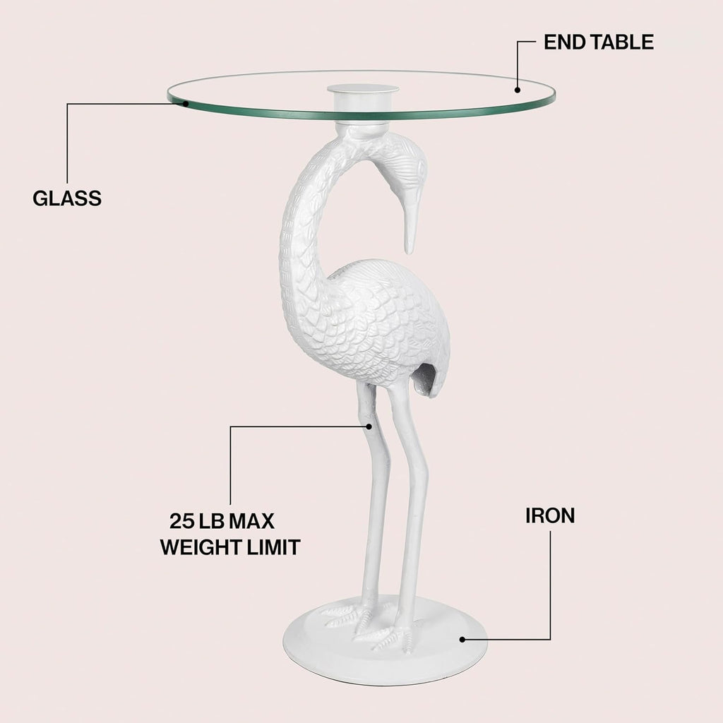 JONATHAN Y Blanche 25" White Iron and Glass Flamingo End Table with Sculptural Base, Round Accent Side Table for Living Room, Bedroom, Coastal Decor, White END1006C