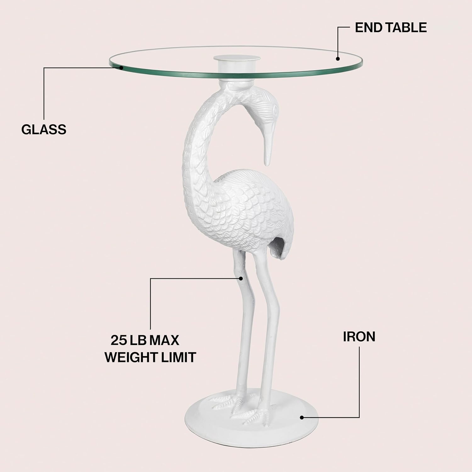 Eyely DNE1006C Maxine 25" Classic Mid-Century Glass Top Flamingo End Table for Living Room, Bedroom, Office, Bathroom, White
