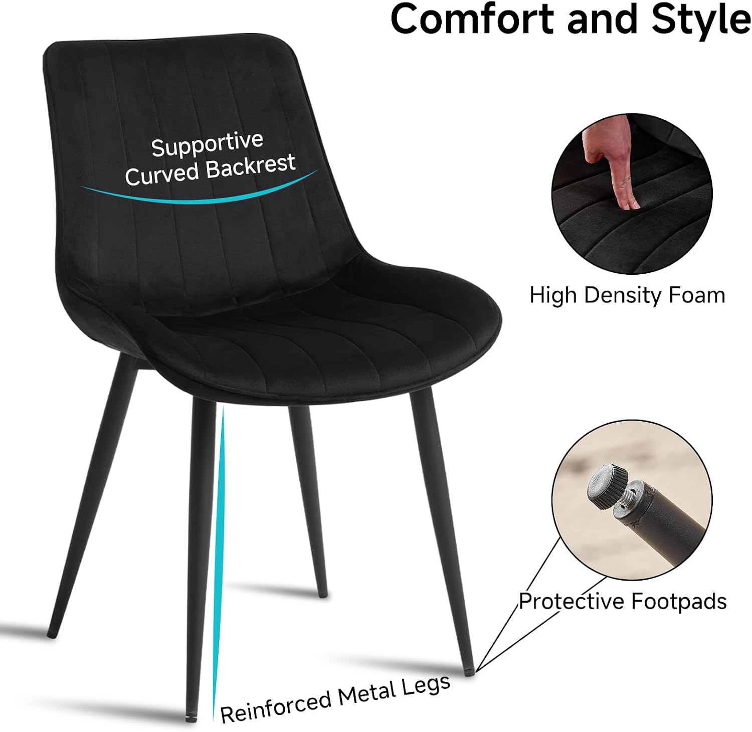 Velvet Dining Chairs Set of 4, Black Modern Upholstered Armless Kitchen Chairs with Metal Legs for Bedroom Living Room