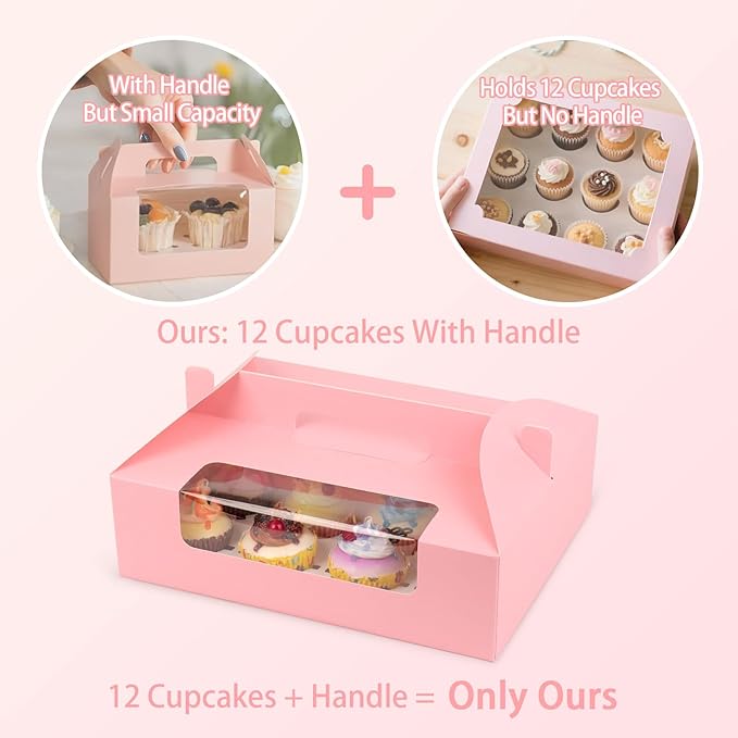 30 Pcs Cupcake Boxes, 12 Count Muffin Boxes with Handle, Window, and Inserts, Pink Cupcake Holders Bakery Carrier Boxes for Cookies Treats Dessert