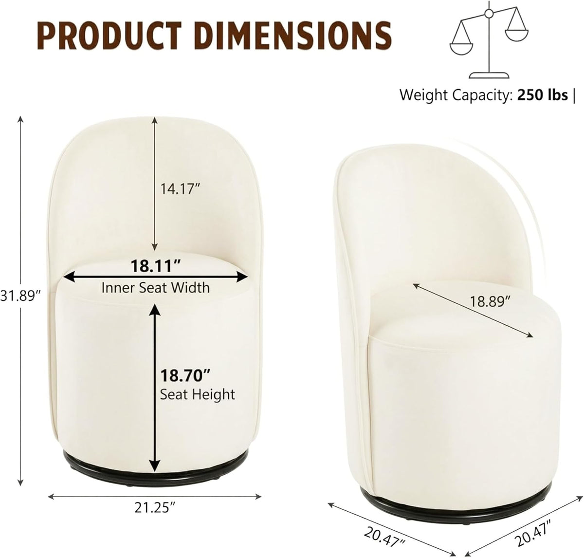 360 Degree Swivel Barrel Chair, Mid Century Modern Round Velvet Dining Chair Comfy Upholstered Accent Chair Makeup Vanity Side Chair for Kitchen & Dining Room Living Room Bedroom (Cream)