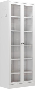 Metal Kitchen Pantry Cabinet – 72" Tall Storage with 5 Adjustable Shelves, White Freestanding Cabinet for Kitchen/Pantry/Bathroom – Heavy Duty Steel Frame, Glass Door