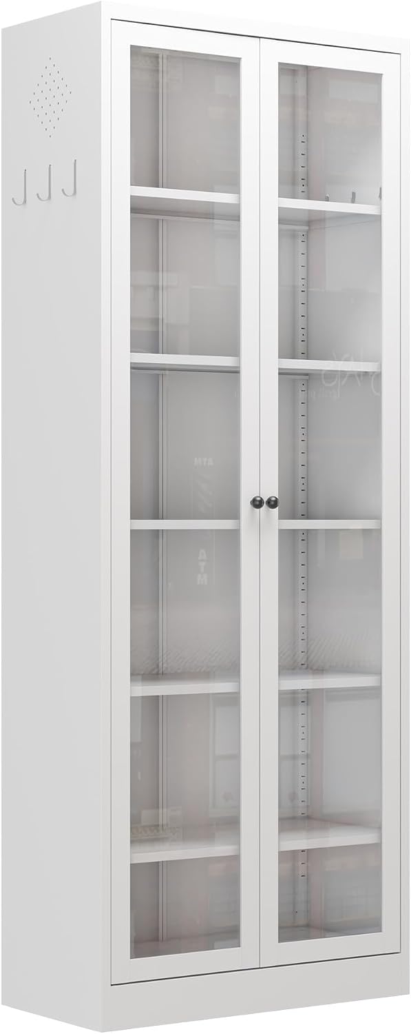 Metal Kitchen Pantry Cabinet – 72" Tall Storage with 5 Adjustable Shelves, White Freestanding Cabinet for Kitchen/Pantry/Bathroom – Heavy Duty Steel Frame, Glass Door
