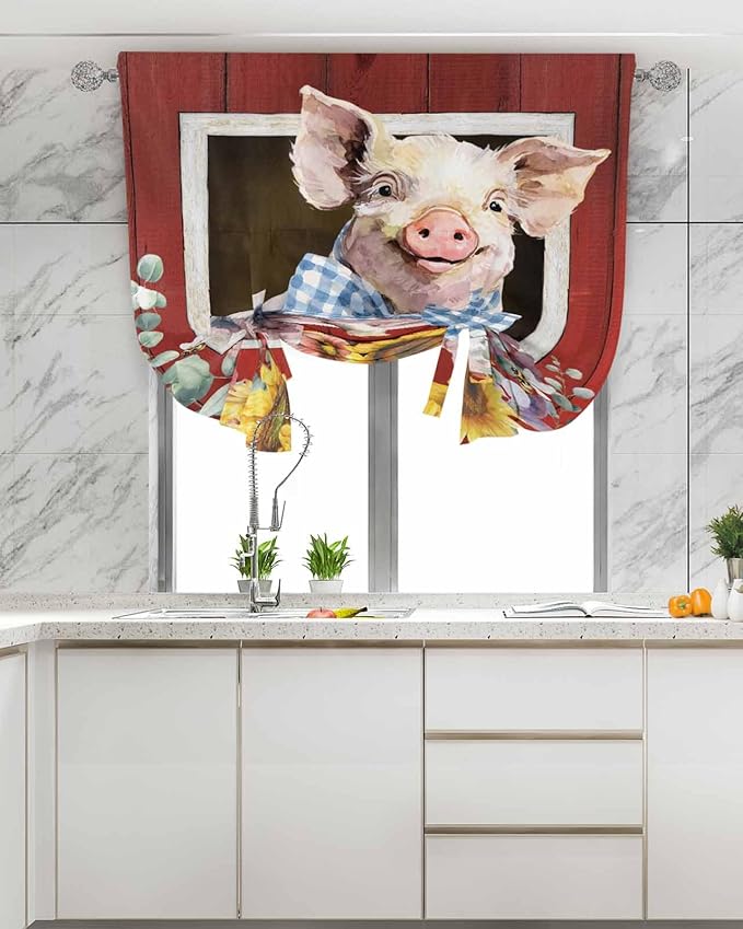 Tie Up Curtains for Windows, Pig Sunflowers Adjustable Balloon Nature Linen Textured Kitchen Curtain, Eucalyptus Leaves Floral Bees Red Barn Room Darkening Curtains for Glass Door, 42 x 45 in