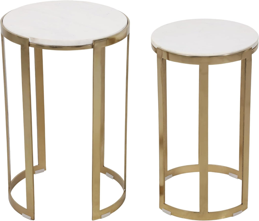Elegant End Table, Side Table, or Night Stand for Room Decor - Round Metal Accent Table with Marble Top for Small Spaces - Perfect for Home, Bedroom, or Living Room Set of 2 - 22", 20" White & Gold