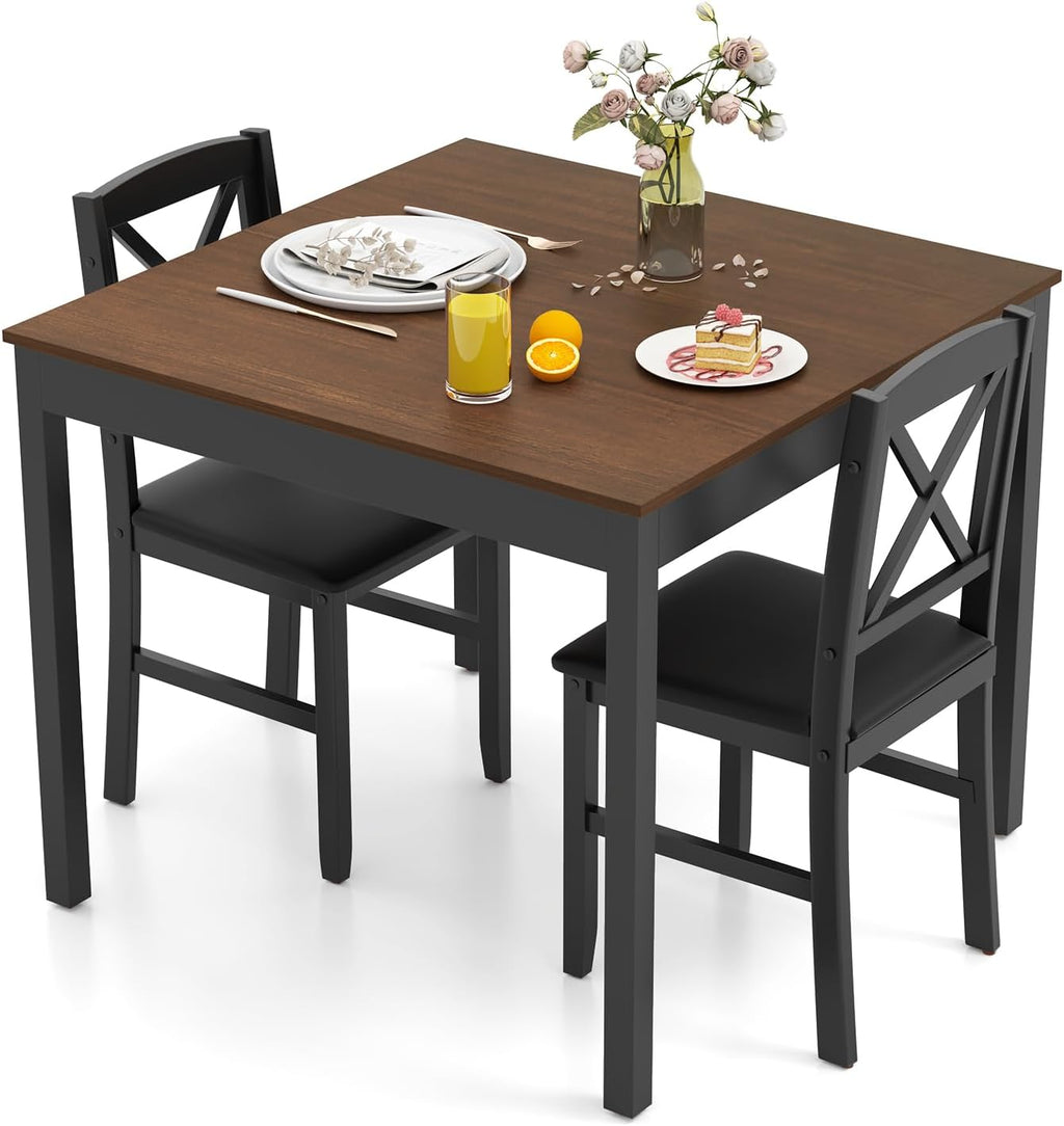 GIANTEX 3-Piece Dining Table Set for 2 - Small Wooden Kitchen Table with Upholstered PVC Leather Chairs, Rubber Wood Legs, Modern Compact Dining Set for Dinner, Kitchen, Restaurant, Dinette (Brown)