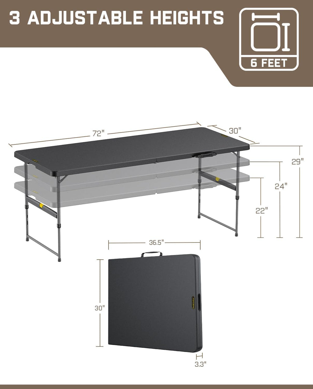 FanttikOutdoor Folding Table 6ft Quick Adjust 3 Heights Picnic Party Dining | One-Handed Adjustable Height, Fixing Lock, Carry Handle Heavy Duty Portable Fold-in-Half, Indoor Outdoor Black Zeta X6 Pro